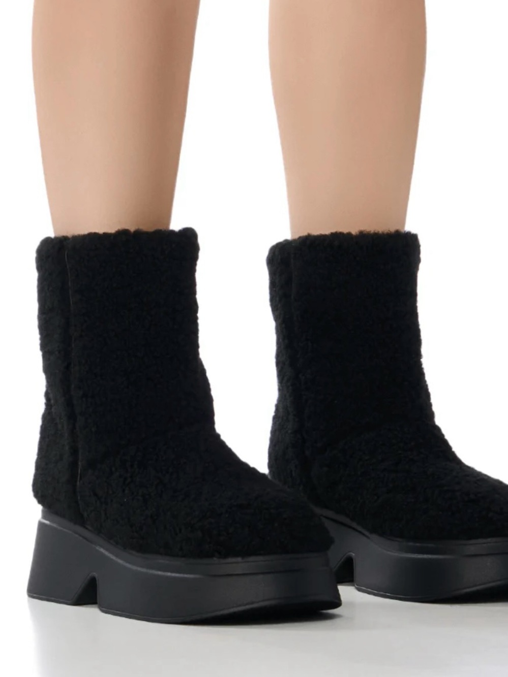 Women’s Black Faux-Sherpa Platform Ankle Boots